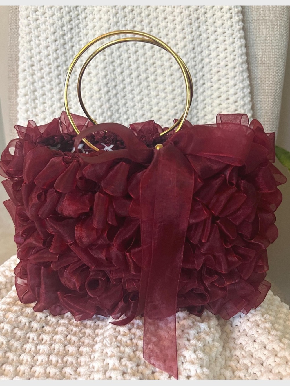 Elegant Burgundy Ruffle Ring-Handle Women's Bag